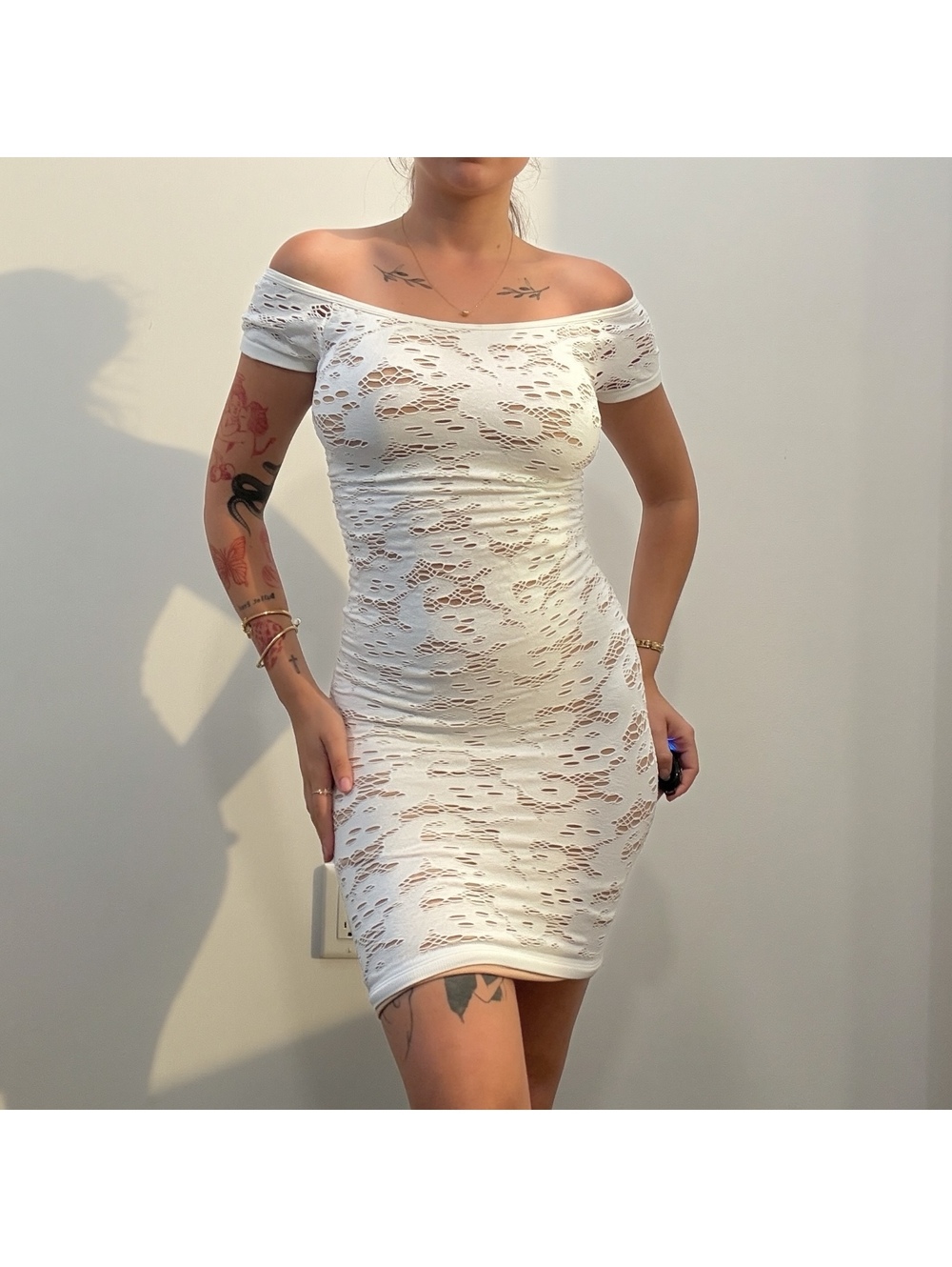 GUESS White Off Shoulder Mini Dress